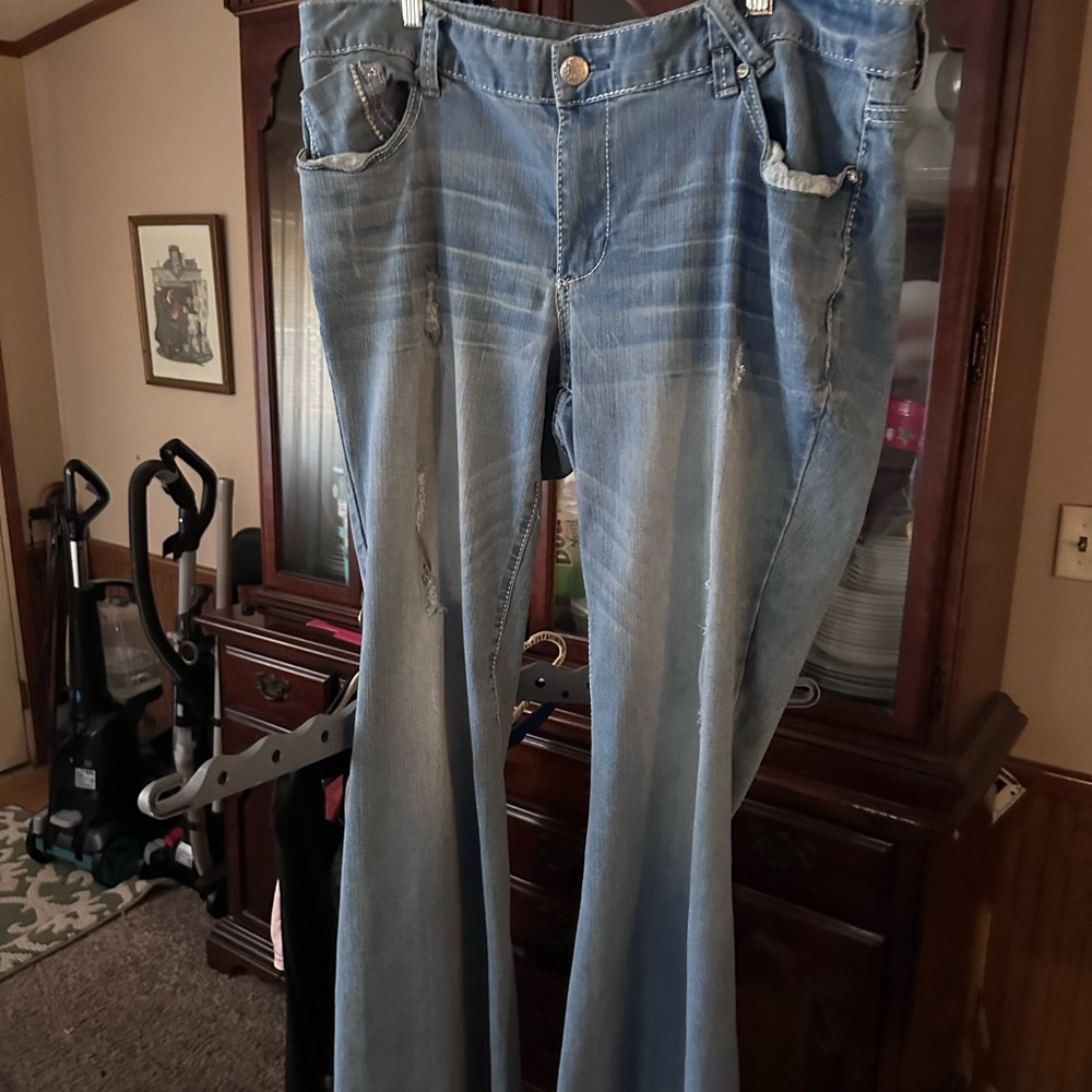 Blue Flare Wide Leg Jeans with Contrast Stitching